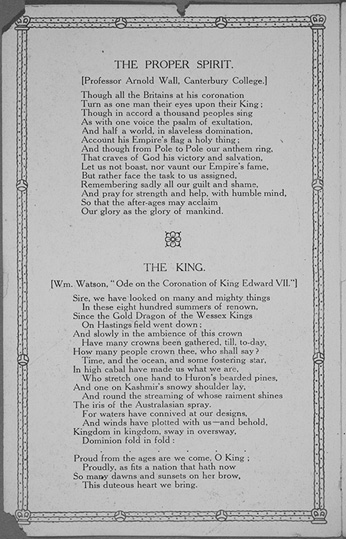 Figure 3. The Proper Spirit, poem by Prof. Arnold Wall, Canterbury College, is a celebration of empire and reflects the close town-and-gown relationship