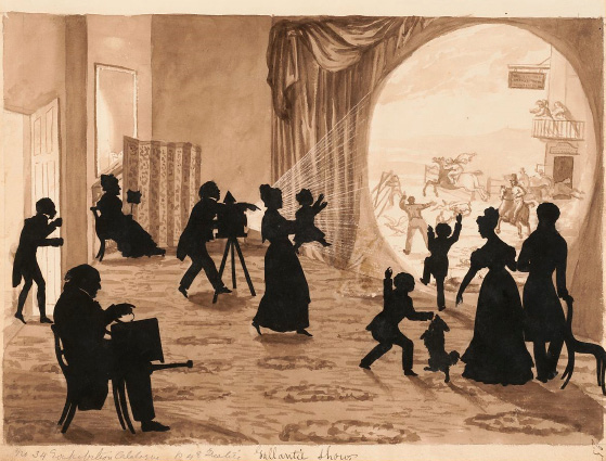 Figure 1. Auguste Edouart (French, 1789–1861), The Magic Lantern, ca. 1835, cut paper and wash, image: 9 1/2 x 13 3/8 in. (24.2 x 33.9 cm), sheet: 10 1/4 x 13 1/2 in. (26 x 34.3 cm), bequest of Mary Martin, 1938, The Metropolitan Museum of Art, https://www.metmuseum.org/art/collection/search/365307.