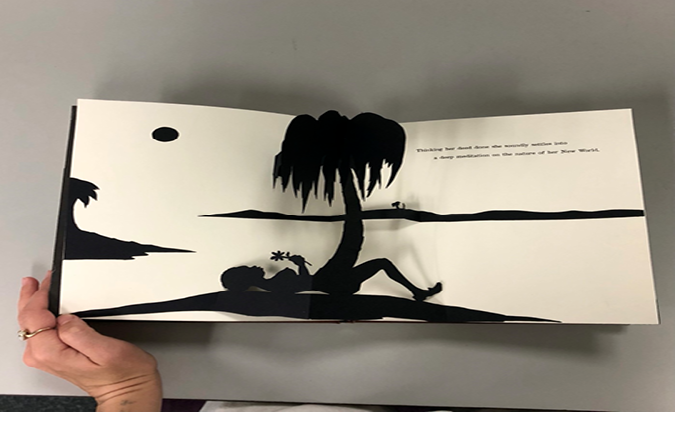 Figure 3. Kara Elizabeth Walker (b. 1969). Opening, “Thinking her deed done. . .,” (unpaginated) from Freedom: a Fable: A Curious Interpretation of the Wit of a Negress in Troubled Times, 1997, pop-up book, 9 3/8 × 8 3/8 in. (23.8 × 21.3 cm). Image Source: Author
