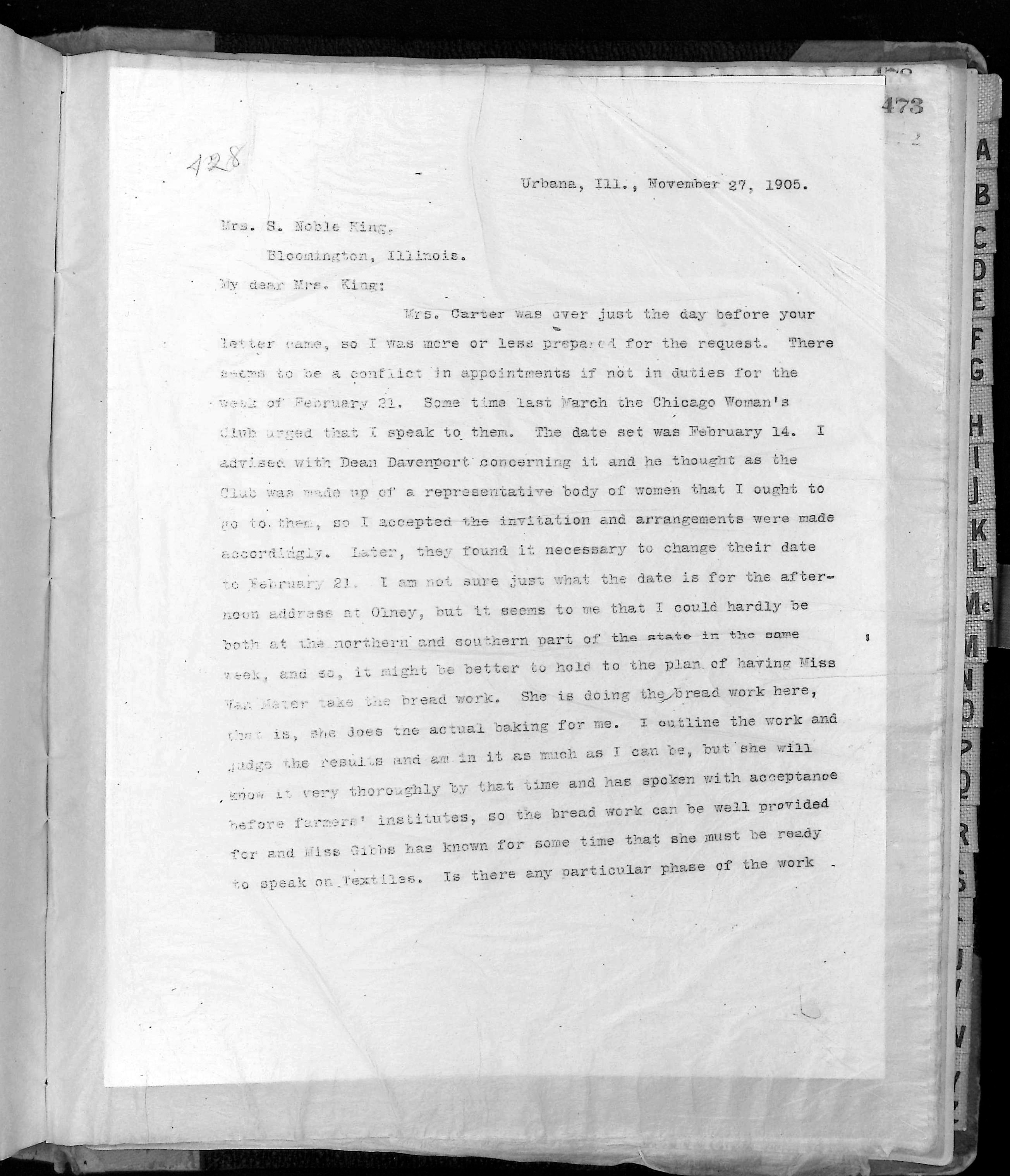 Figure 1. Letterbook 1, Household Science
Department Letterbooks, 1903–1913, Record
Series 8/11/2, Box 1, University of Illinois Archives.